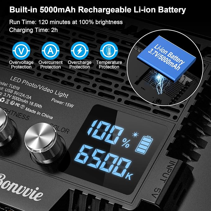 15W Rechargeable LED Video Light Kit, 9” Camera Light