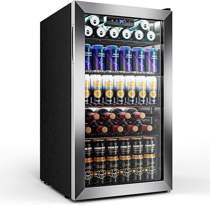 130 Can Beverage Refrigerator, Reversible Door, 3.2 Cu.Ft Drink Cooler | Glass Door, Adjustable Thermostat 34–64°F, Freestanding Beverage Fridge for Soda, Beer & Home Bar