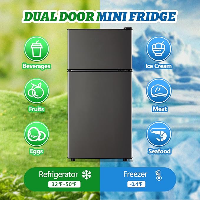 Mini Fridge with Top Freezer Apartment Size Dual Door Compact Small Refrigerator for Personal Use Small Mini Fridge with Egg tray, 7 Temperature Control For Dorm, Apatmet, Dark Grey