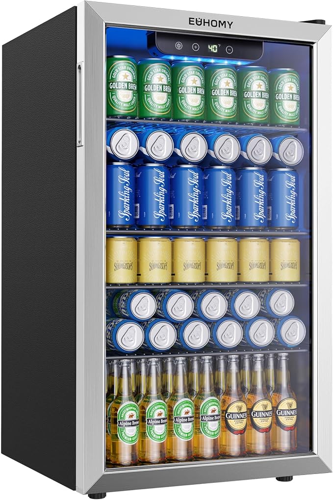 EUHOMY Mini Fridge 130 Can Beverage Refrigerator Cooler Glass Door for Soda Wine Beer, Beverage Cooler for Home, Bar, Office with Digital Temperature Control Removable Shelves, 3.2 Cu.Ft, Silver