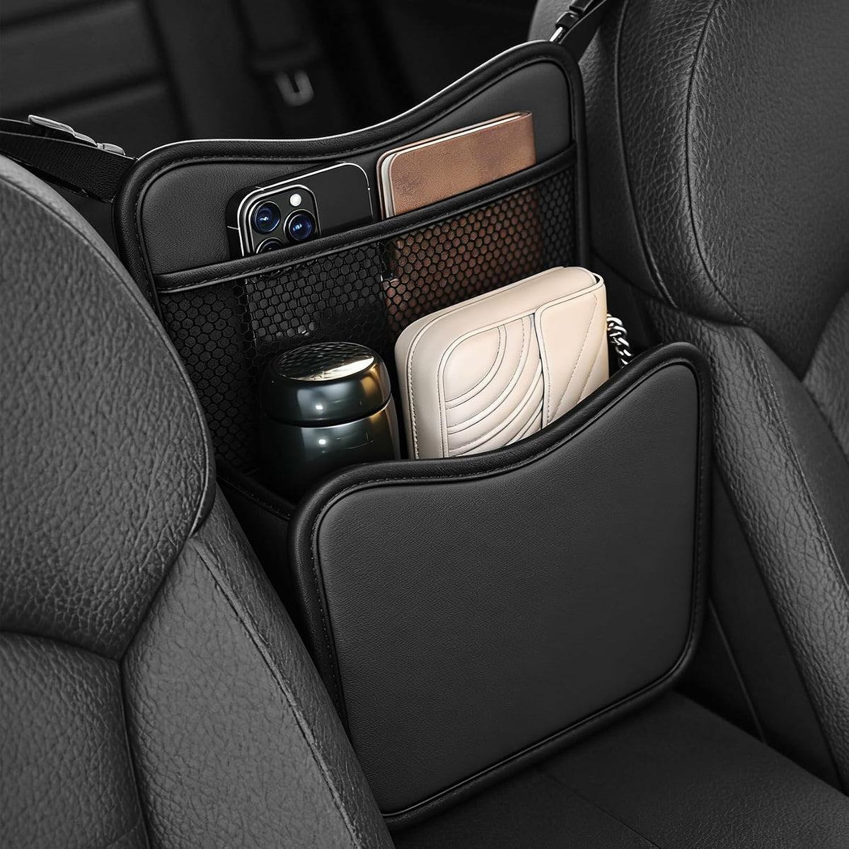 Car Organizer Storage Between Seats, Car Purse Holder, Nappa Leather Front Seat Storage Bag with Tissue Holder, Large Capacity Auto Console Organizer for Document Phone Wallet Snack (White)