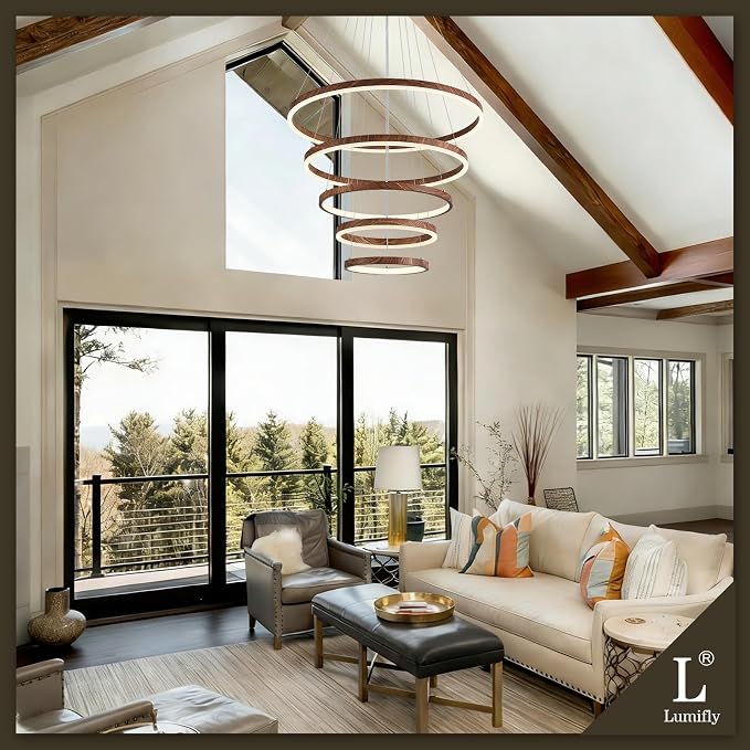 Modern LED Ring Chandelier 5-Light Chandelier Wood Grain Dimmable Round Foyer