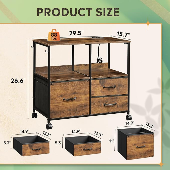 DEVAISE 3 Drawer Mobile File Cabinet, Rolling Printer Stand