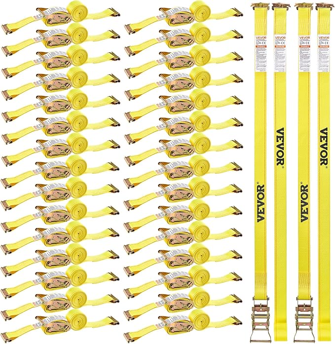 VEVOR E Track Ratchet Straps (30-Pack), 2" x 15'E-Track Straps 4400 LBS Breaking Strength, Polyester Webbing & Spring Fitting & Ratchets, Durable Tie-Downs for Tires Motorcycles Trailers Loads Yellow