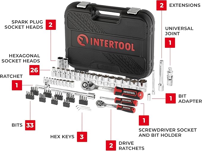 INTERTOOL Metric Socket Set 1/4” & 1/2” Drive 73-Piece 10-27 mm - for Auto Mechanics & DIY - Quick Release Ratchets, Bits, Adapters, Hard Case - Tool Gift - ET08-8073