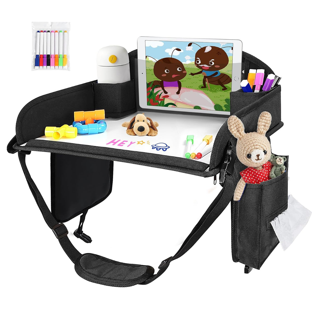 Kids Travel Tray, Kids Travel Trays for Car Seat, Road Trip Essentials for Toddler, Carseat Lap Tray with Dry Erase Board & Storage Organizer for Road Trip Activities for Kid, Black