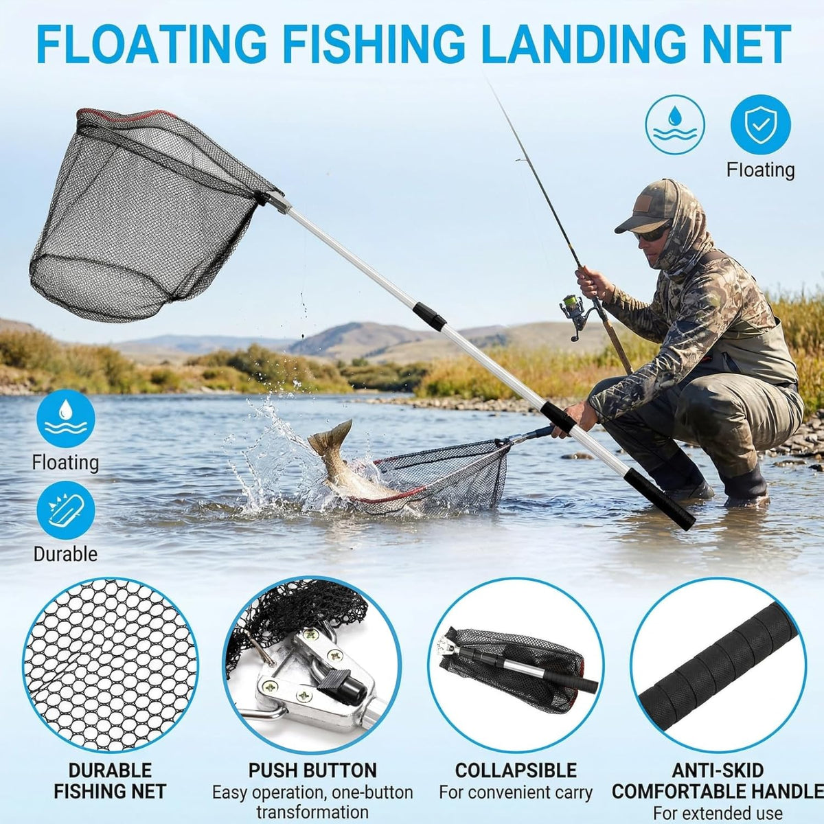 ZENFUN Fishing Net - Telescopic Pole Handle, Collapsible Nylon Mesh for Freshwater & Saltwater | Extends to 51" (Black, White)
