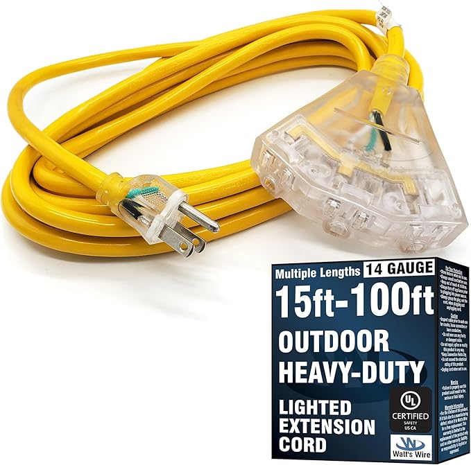 25 ft Outdoor Extension Cord Waterproof - 14 Gauge Heavy Duty Extension Cord 25 ft - Lighted Outdoor Extension Cords with Multiple Outlets - Watts Wire - 25' Grounded - extensiones electricas