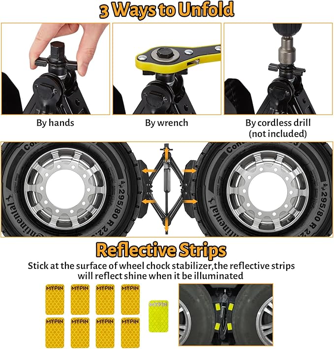 MYPIN Camper Wheel Chock Stabilizer, 2 Sets for RV Travel Trailer, with 8 Reflective Strips, Heavy Duty X-Shaped RV Stabilizer Wheel Chock Anti-Move Tire Wheel Chock