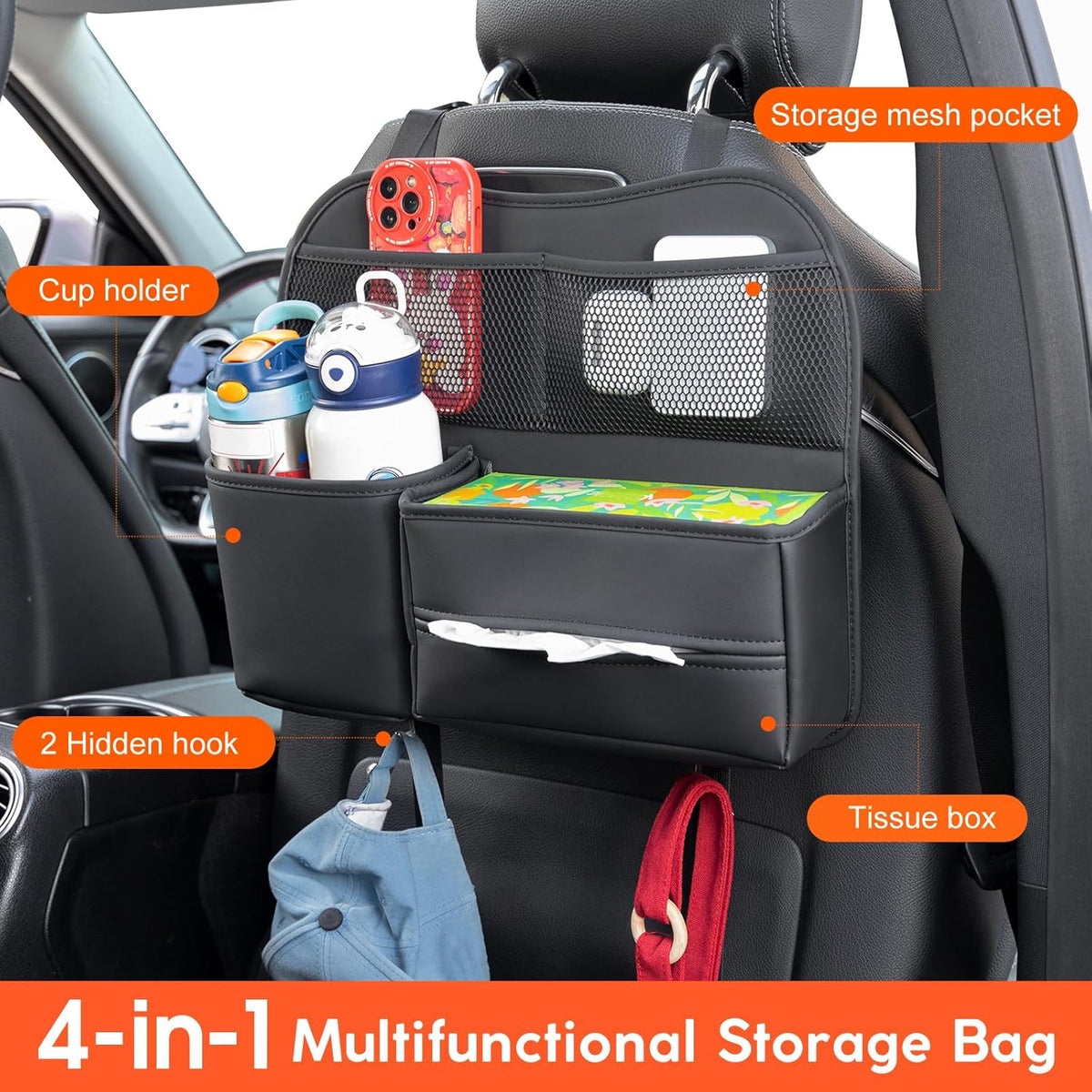 PU Leather Premium Car Headrest Back Seat Cup Holder, Multifunctional Seat Back Organizer with Tissue Holder Storage Pockets & Hooks (Black)