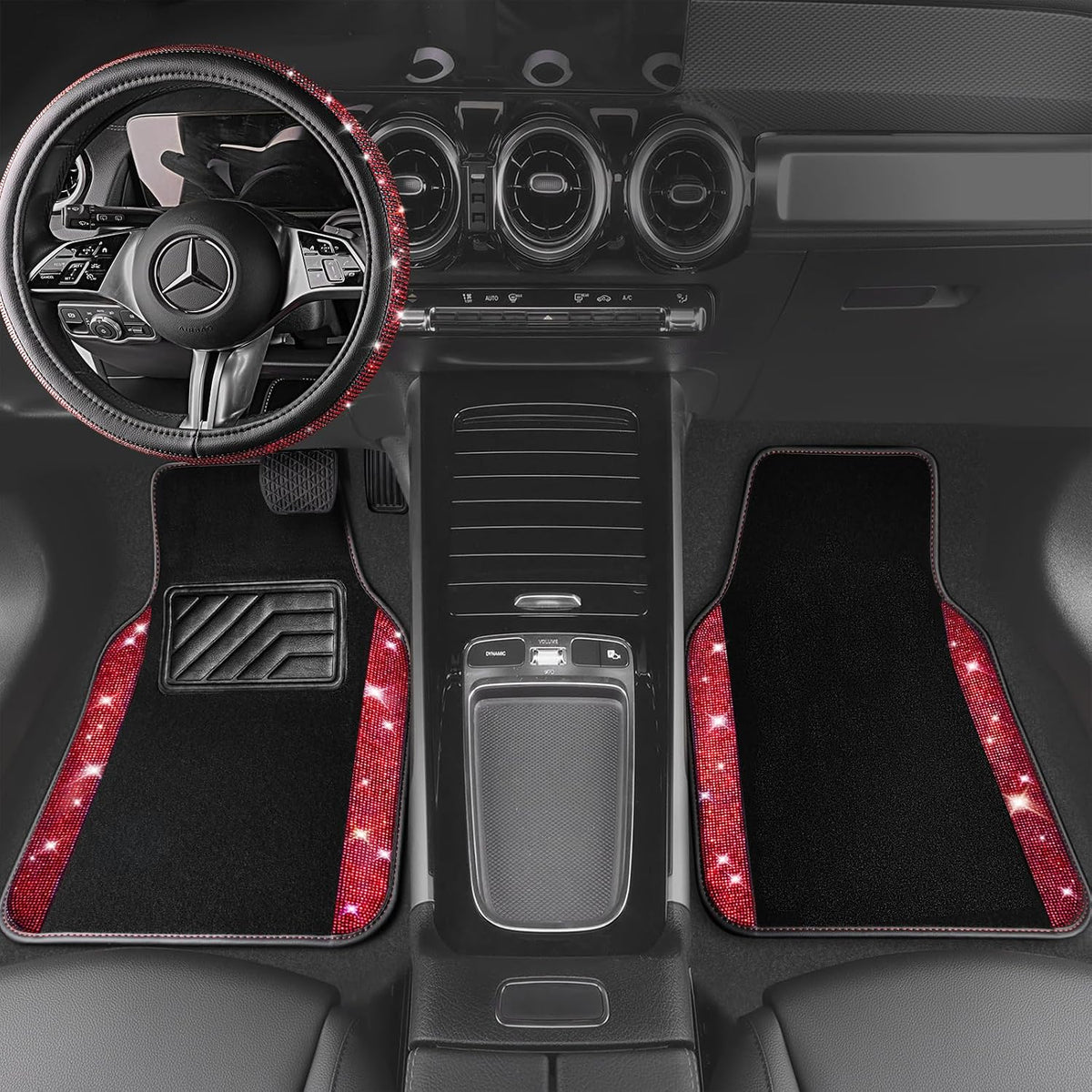 CAR PASS Bling Diamond Leather Steering Wheel Cover 14.5in-15in Floor Mats Shining Rhinestone Carpet Sparkly Glitter Crystal Anti-Slip Pad Fit Automotive SUV Pickup Truck Girl Women, 5pcs Black Red
