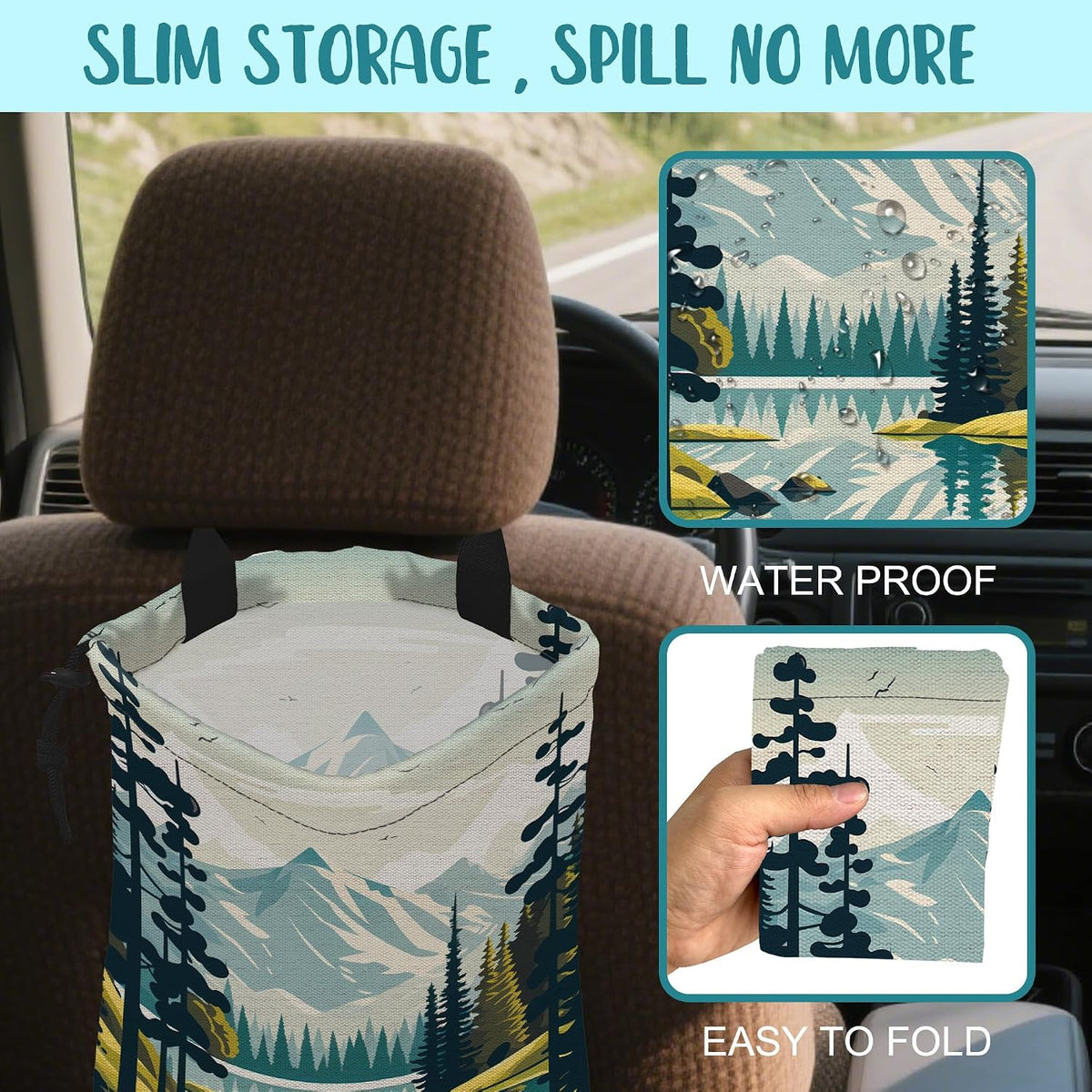 Car Garbage Bag Mountain and River Forest Hanging Canvas Car Trash Bag Waterproof Drawstring Car Back Seat Organizer for Car Back Front Seat Console with Adjustable Buckle