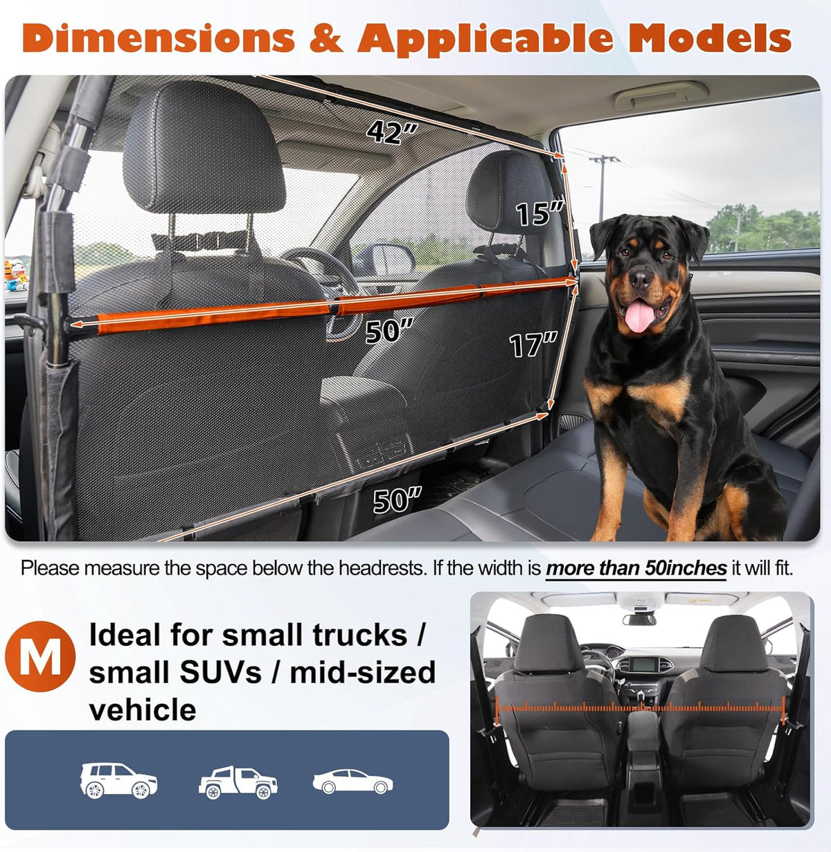 Dog Car Barrier for Back Seat & Trunk - 50" Wide for Midsize SUVs and cars