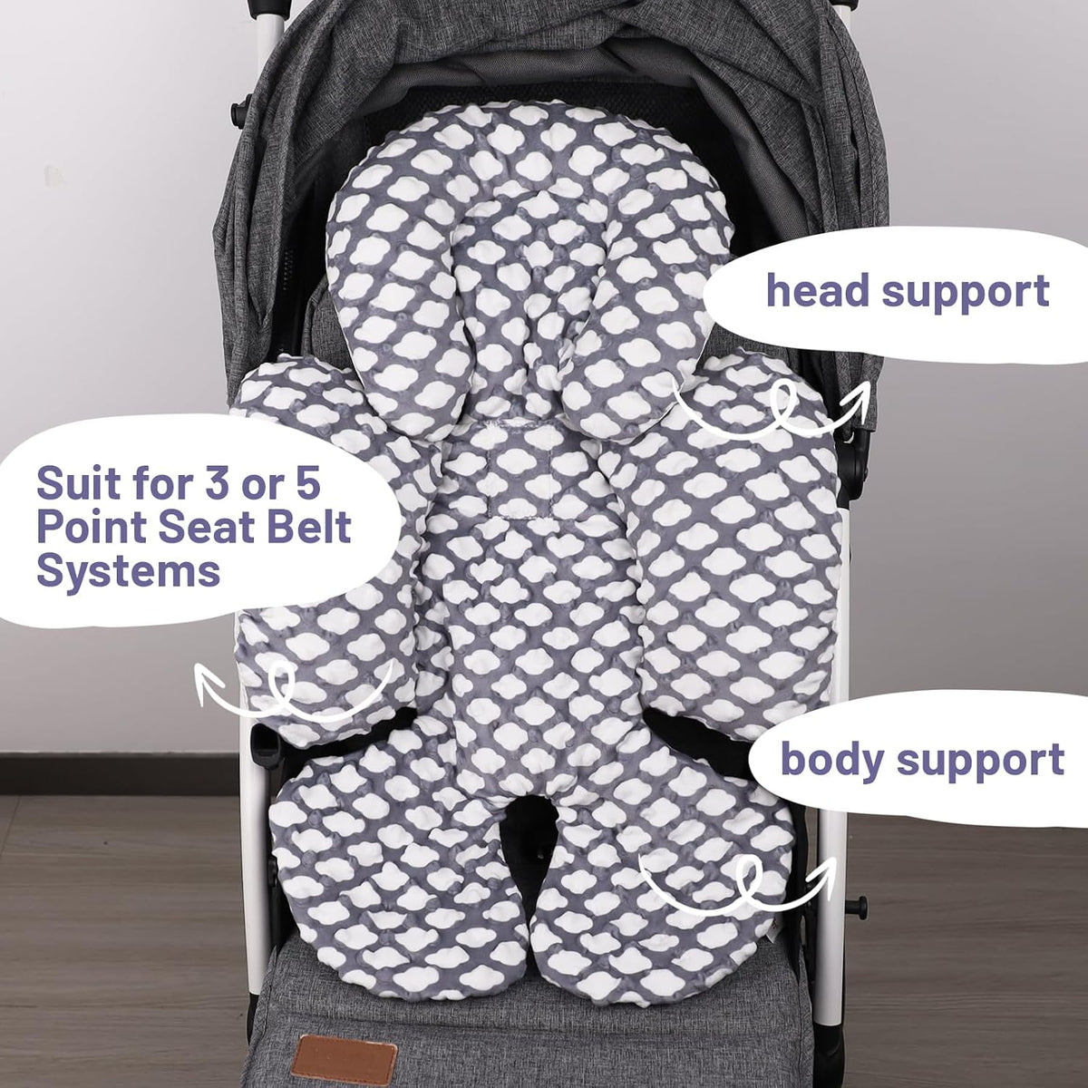 KAKIBLIN Infant Car Seat Insert, Baby Carseat Head & Body Support for Newborn, 2-in-1 Reversible Baby Car Seat Cushion, Soft Stroller Cushion Insert for Car Seats, Bouncer, Strollers, Swing (Cloud)