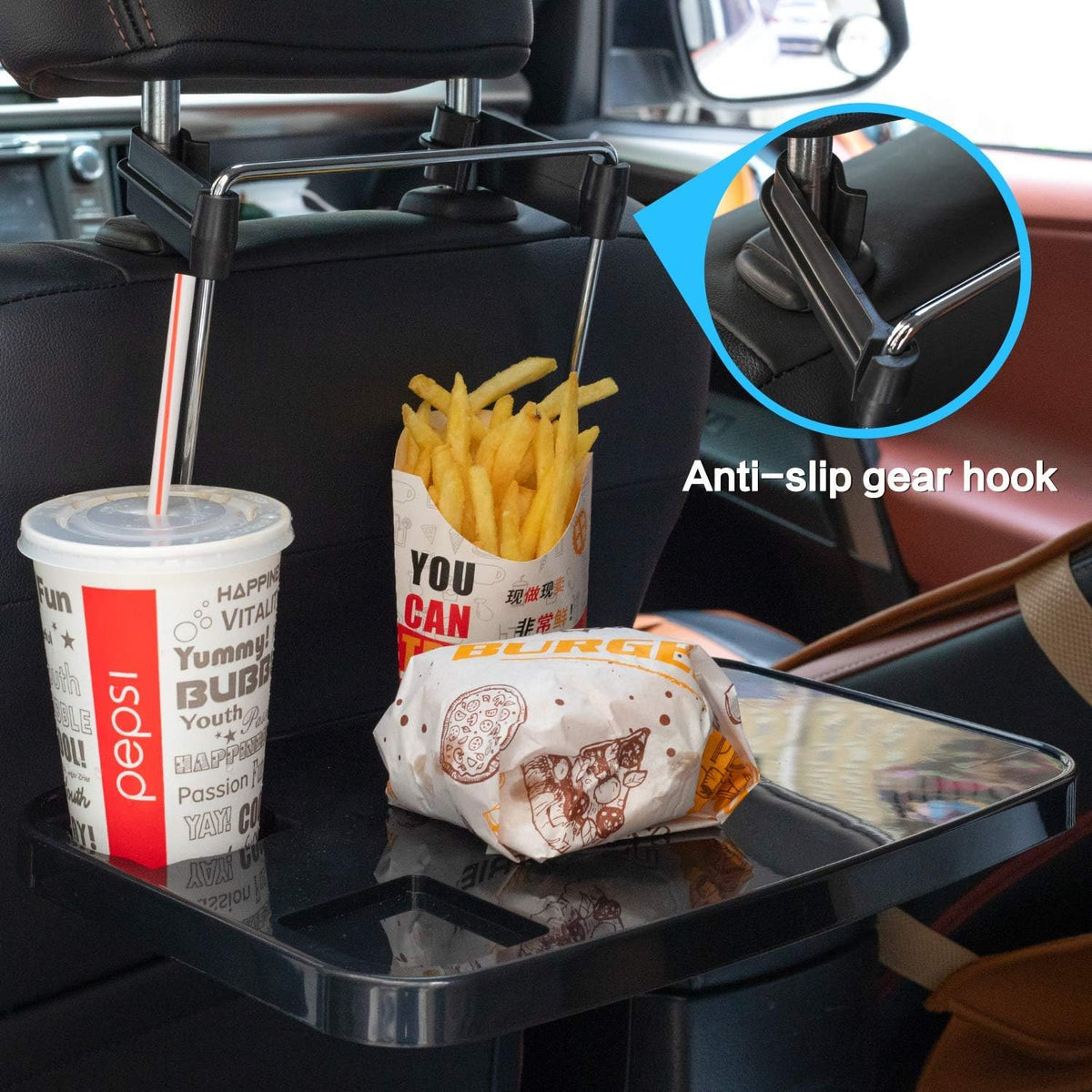 Foldable Car Seat Back Portable Tray for Food Dining Drink and Laptop, Hanging Car Steering Wheel Tray (Black)