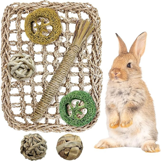 Hamiledyi Rabbit Seagrass Activity Mat Bunny Toy Hanging Rabbit Chew Toys for Teeth Enrichment Toys Seagrass Protector Mat Small Animal Toys for Chinchilla Guinea Pig Hamster Rat Rodent