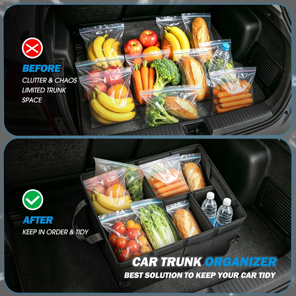 DNA Motoring Trunk Organizer for SUV, Large Capacity Car Organizer and Storage with 4 Compartment, Foldable Trunk Organizer for Car, 60L Black