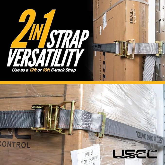 US Cargo Control Double-Fitted E Track Straps 2" x 16' (10 Pack), 4,400 LBS Break Strength, Gray Heavy Duty E Track Ratchet Straps with 3 Spring E-Fittings, Versatile 2-in-1 Logistic Tiedowns