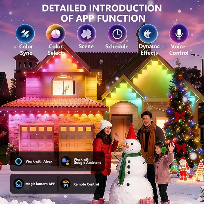 YFL 100ft Permanent Outdoor Lights, Smart RGB LED Eaves Lights with App & Remote Control, IP65 Waterproof, Music Sync & DIY Scenes, 60 LED Dreamcolor String Lights for Christmas, House & Patio Decor
