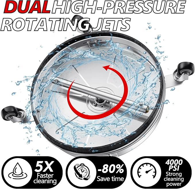 16" Pressure Washer Surface Cleaner Pro with 4 Wheels, Stainless Steel 2 Extension Wands, Power Washer Surface Cleaner Hot Water Supported for Patio Decker Concrete Driveway, 3000 PSI