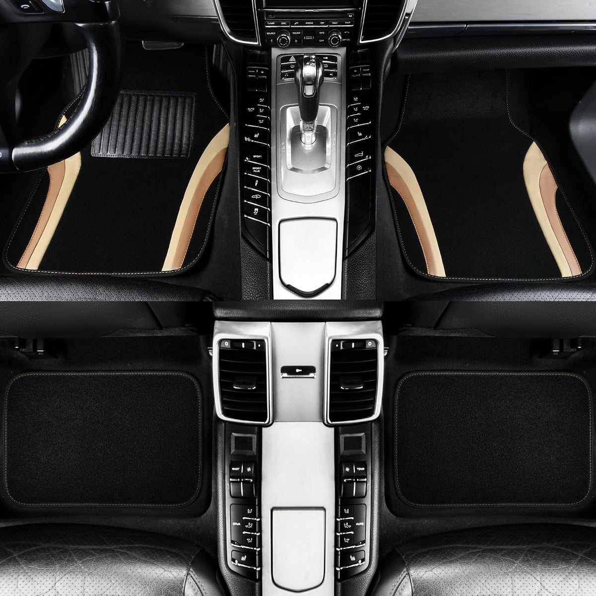 CAR PASS Beige Leather Car Floor Mats, Sporty Waterproof Car Carpet,Universal Automotive Floor Mats Fit for Sedans, Cars, Mid Trucks, Vans, SUV, Set of 4 (Black and Beige)
