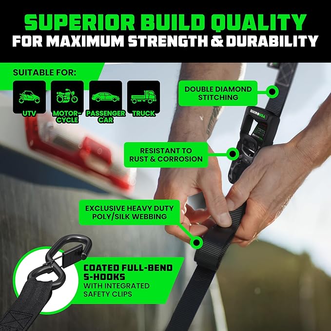 RHINO USA Ratchet Straps Tie Down Kit, 5,000 Break Strength - Includes Heavy Duty Rachet Tiedowns with Padded Handles & Coated Chromoly S Hooks + Soft Loop Tie-Downs