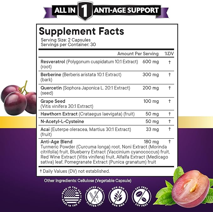 NEW AGE Resveratrol, Berberine, Grape Seed Extract, Quercetin, Polyphenol Supplement for Women and Men with Noni Extract, N-Acetyl Cysteine, Acai Extract - 180 Capsules
