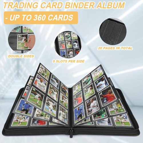 GERMUN Trading Card Binder - 9 Pocket Premium Card Holder for 360 Cards | Double-Sided Album in Carbon Black