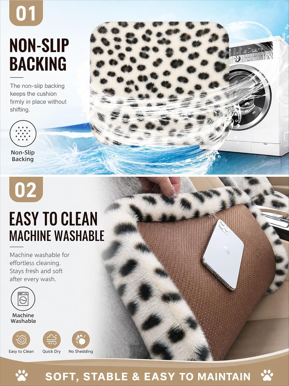 Winter Soft Warm Faux Rabbit Fur car seat Cushion,Universal fit Plush Front and Back Fuzzy car seat Pads Cushion Cover Protector - 1pcs (Front seat 1pcs, Leopard dots)