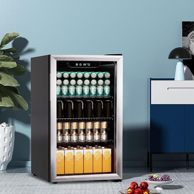 DOGHLY 105 Cans/3.0 Cu.Ft Beverage Refrigerator Glass Door Mini Fridge | Fast Cooling Mini Cooler with Adjustable Shelves for Soda, Beer, Wine, Low Noise Beverage Fridge for Home, Office,and Dorm