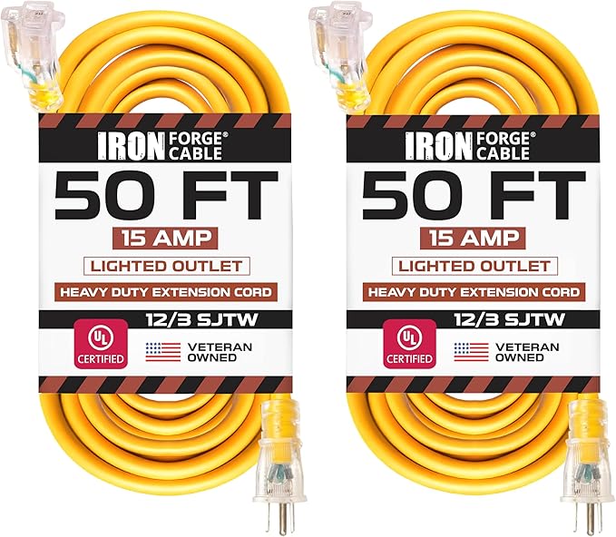 IRON FORGE CABLE 2 Pack of 50 Ft Outdoor Extension Cords - 12/3 SJTW Heavy Duty Yellow 3 Prong Extension Cable, 15 AMP - Great for Garden and Major Appliances
