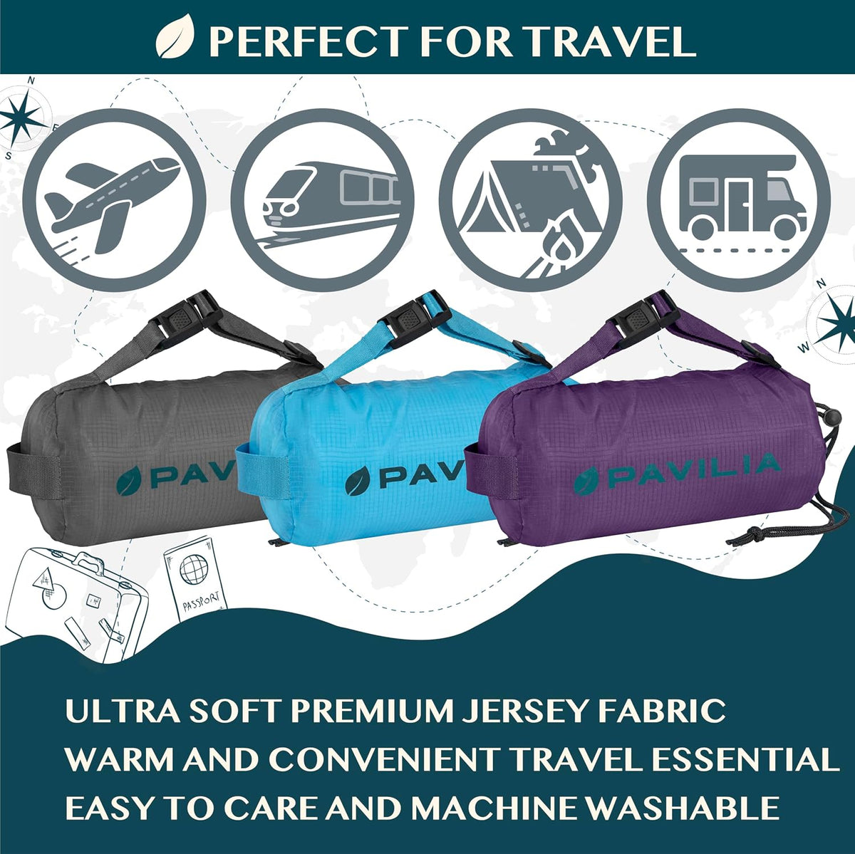 PAVILIA Travel Blanket Airplane Compact with Bag, Lightweight Soft Fleece Plane Blanket Long Flights, Camping Road Trips, Packable Travel Gift Essentials with Luggage Backpack Strap, 65x40, Navy Blue