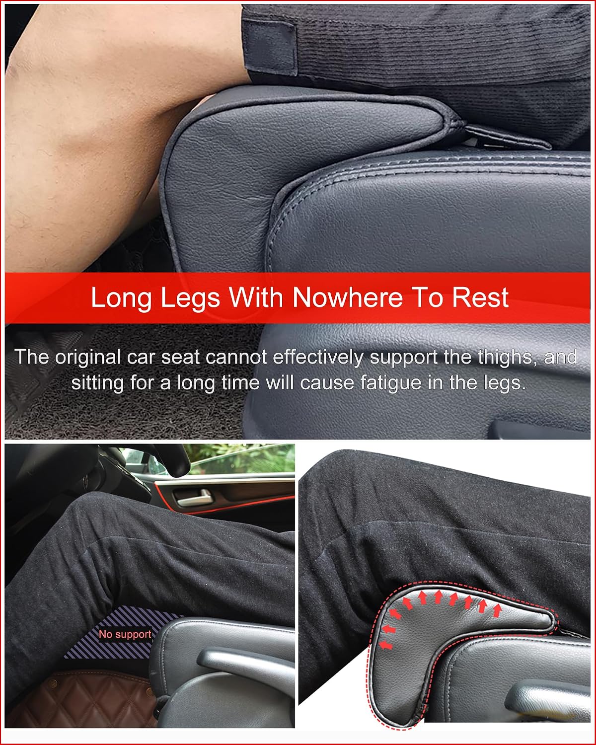 Car Leg Extender Leg Support for Driving, Car Front Seat Thigh Extender Support Cushions, Adjustable Length/Height/Angle Leg Rest Pillow for Cars Office (Black)