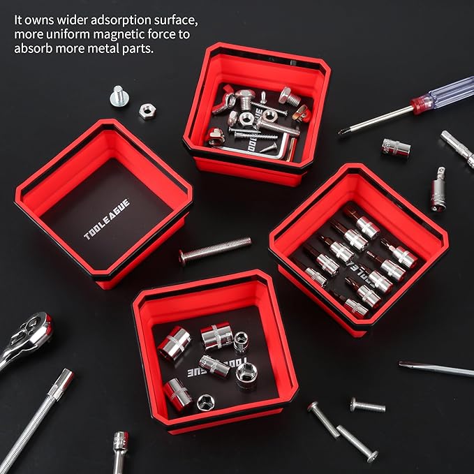 TOOLEAGUE 4Pcs Collapsible Magnetic Parts Tray Set with 15Lb Magnetic Pickup Pen,4.5" Square Silicone Foldable Tool for Organizing Screw Bolts Nuts Washers Pins and Other Small Metal Parts