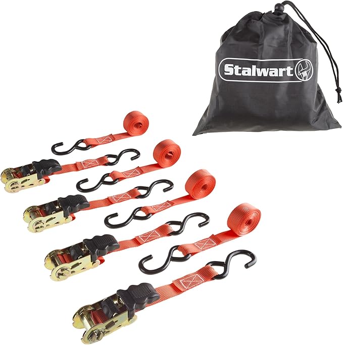 4-Pack Ratchet Tie-Down Straps - 10-Feet 1500lb Break Strength Cargo Straps for Camping, Hunting, Moving, Trailers, and Roof Racks by Stalwart