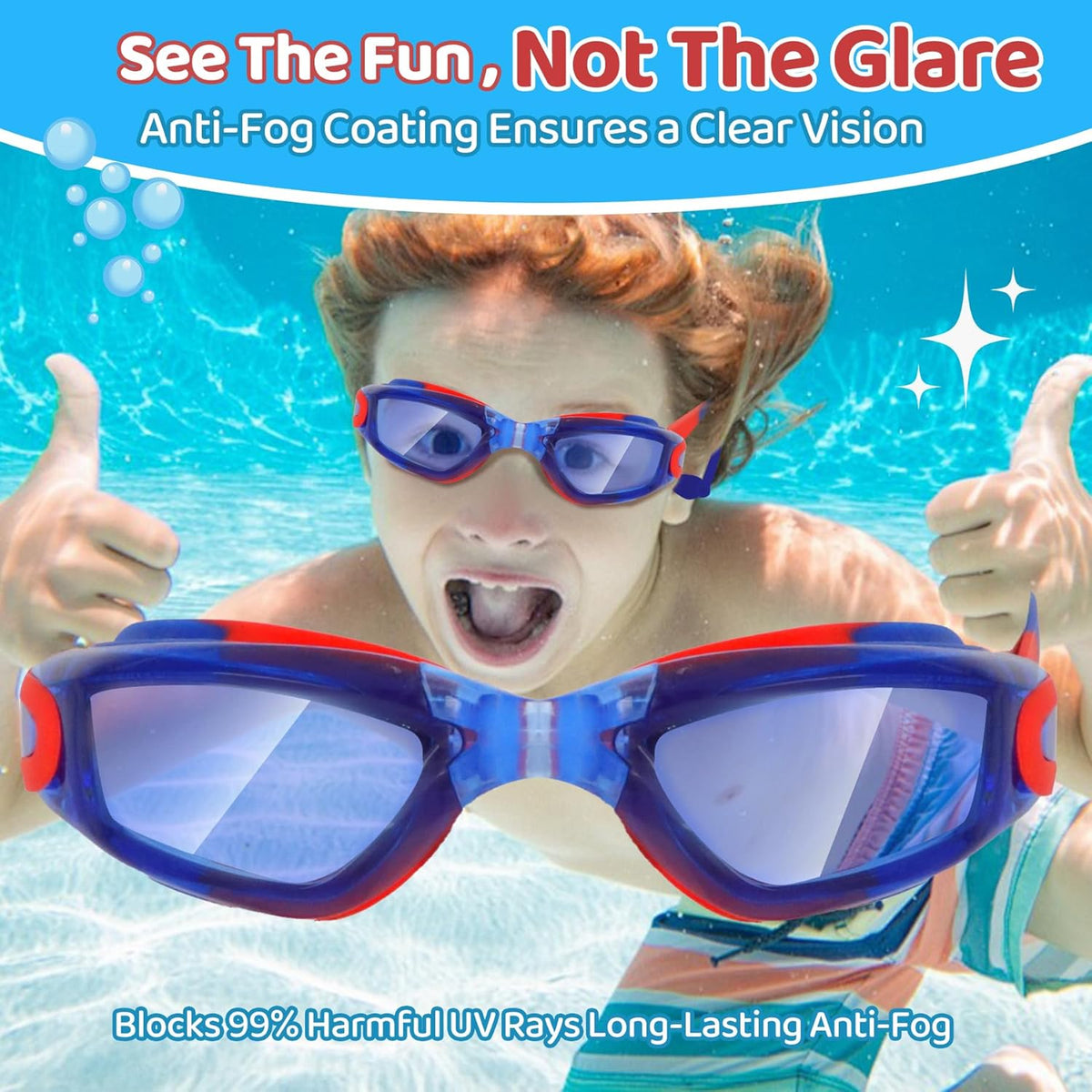 Vvinca Swim Goggles - Anti-Fog & UV Protection | No Leak Design for Kids Ages 3-15 (2 Pack)