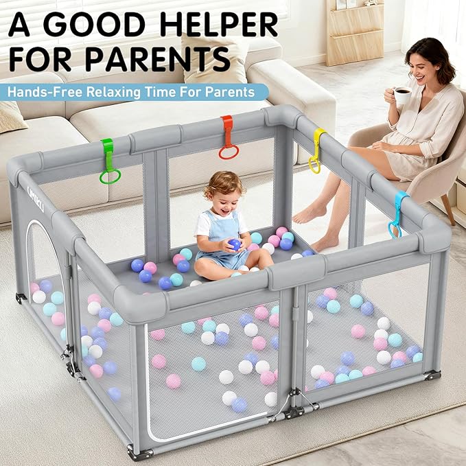 Baby Playpen Foldable Playpen for Babies and Toddlers, Large Playpens Portable Play Pen with 2 Doors Safety Area for Kid Fence Travel Indoor Outdoor Baby Boy Girl Gifts Newborn Essentials 50"X50" Grey