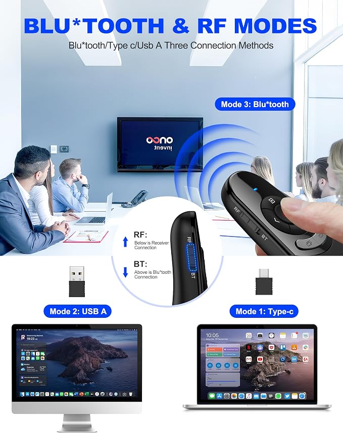 DinoFire USB Type C Wireless Presentation Clicker, BT&RF 2.4GHz Dual Modes
