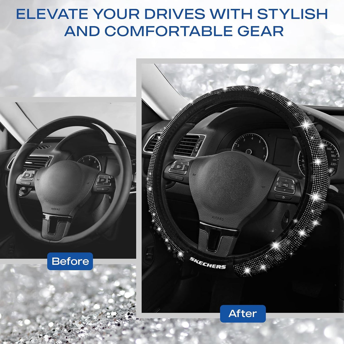 Skechers Women’s Bling Steering Wheel Cover, Velvet with Sparkly Crystal Rhinestones, Stylish Car Interior Gift, Universal Fit 14" 1/2-15" for Cars, SUVs, Trucks, Black Diamond