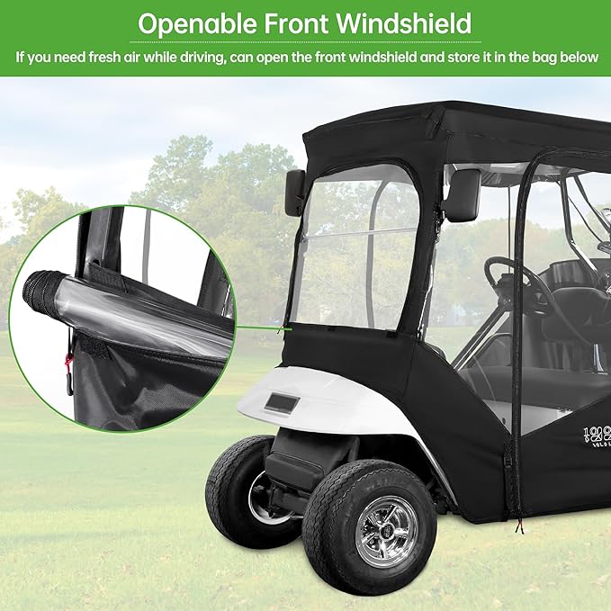 10L0L Golf Cart Enclosure Fit for 2 Passengers EZGO TXT RXV,600D Waterproof Snowproof Golf Buggy Keep Warm Cover, 2 Door Zippers 4-Side Clear Window and 4 Windproof Hooks Golf Cart Rain Cover, Black