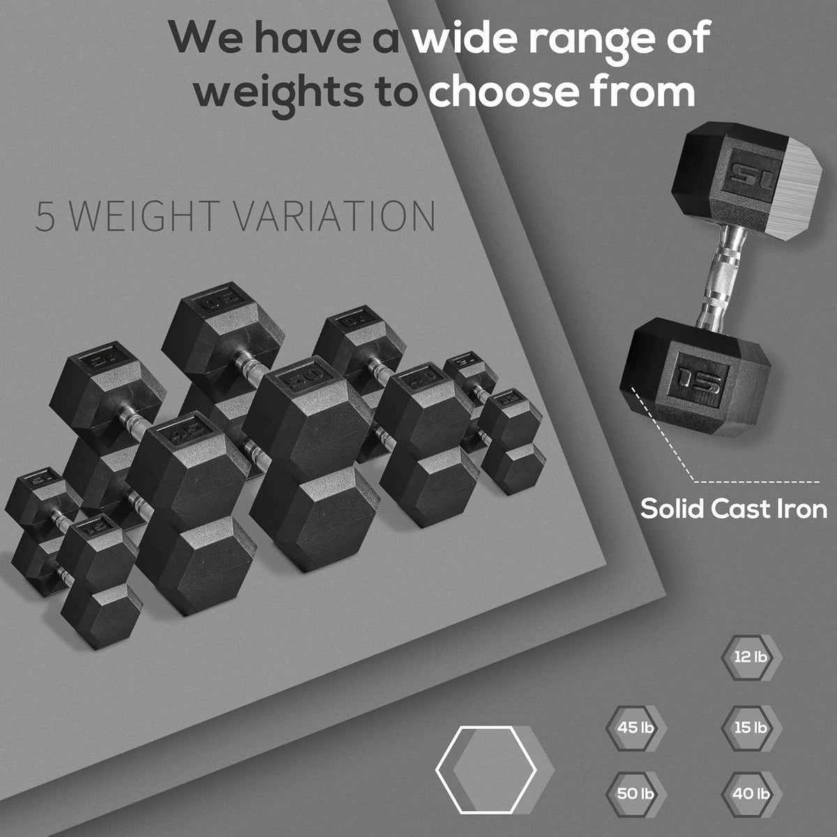 Sozier Hex Dumbbell Set - Rubber Weights with Non-Slip Handles | 2 x 12lbs, 2 x 15lbs, 2 x 40lbs, 2 x 45lbs, 2 x 50lbs for Home Gym Fitness