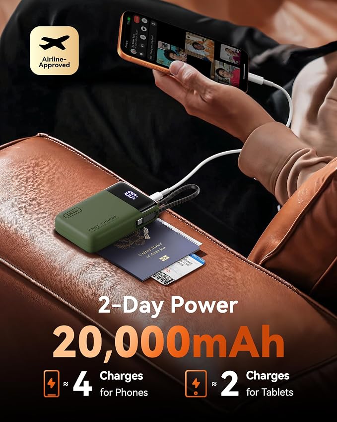 INIU 20000mAh Power Bank, Small Portable Charger, 45W PD Fast Charging Battery Pack with Build in USB-C Cable, Travel Phone Charger for iPhone 17 16 15 14 Air Samsung S25 S24 Google iPad Xiaomi, Green