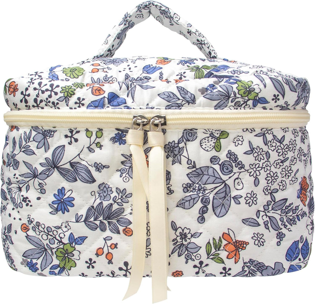 Quilted Makeup Bag for Women, Travel Cosmetic&Toiletry Bag,Leaf White