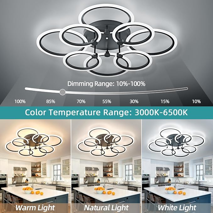 LED Ceiling Light, 8-Ring Modern Flush Mount Fixture, 145W Dimmable 3000K–6500K