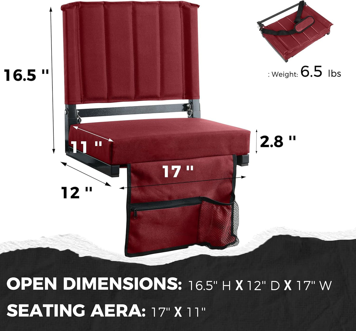 Sport Beats Stadium Seats - Comfortable Bleacher Chairs with Back Support & Cushion | Maroon, 1pc Regular - 17" W x 12" D x 16.5" H