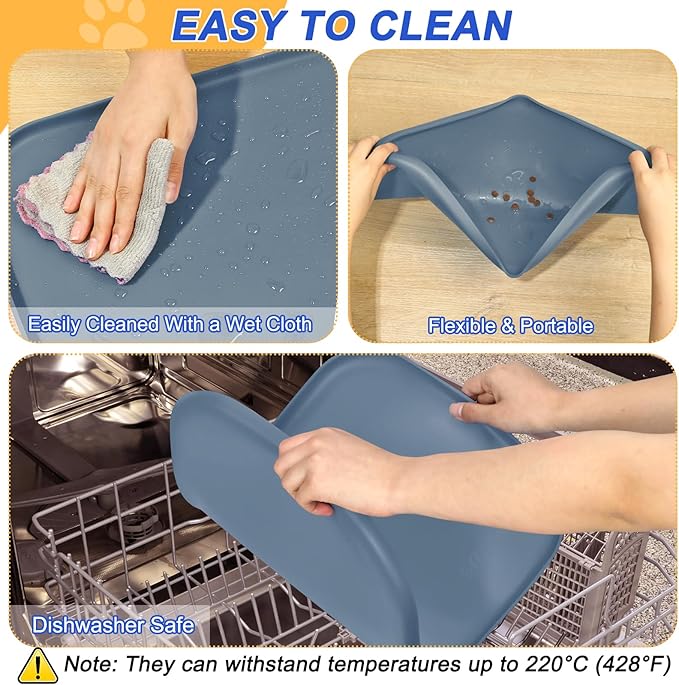 Silicone Pet Feeding Mat with Raised Edge for Food and Water, Dog Bowl Mats, Cat Bowls Placemat with High Lip for Floor Waterproof, Rubber Tray for Cats and Dogs 19 x 12 x0.7 Slate Blue
