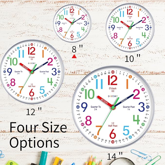 Roymnie Wall Clock for Kids Learning to Tell Time Easily Non Ticking Battery
