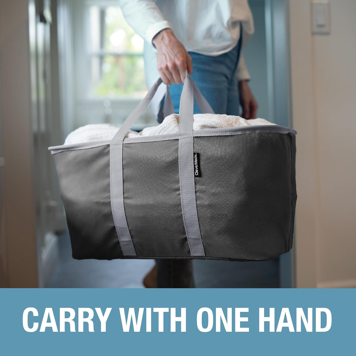CleverMade Collapsible Laundry Tote 2-Pack (50L) – Foldable Carry-All Storage Bin for Laundry, Car Trunk, RV, Dorm & Home Organization - Denim