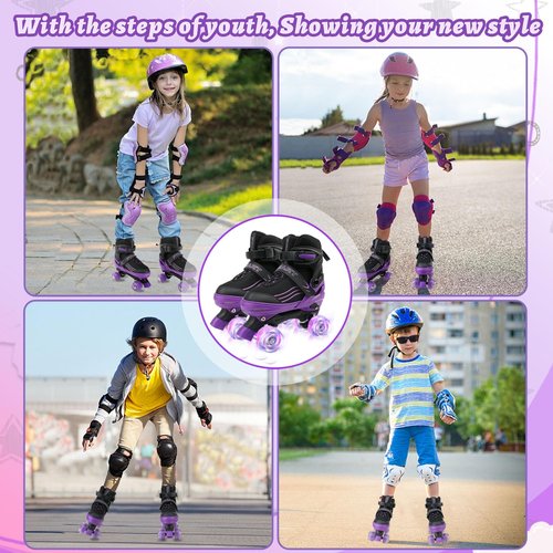 HXWY Kids Roller Skates for Boys Girls Child, Adjustable 4 Sizes Roller Skates for Adult and Youth with Light Up Wheels, Black Purple Patines para niñas for Outdoor Indoor Sports (Medium-Big Kid (1-4)