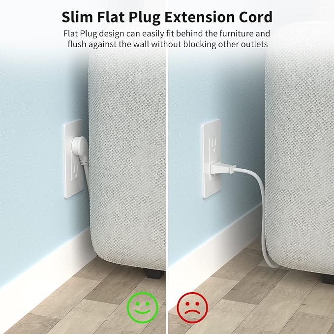 FIRMERST 1875W 1Ft Flat Plug 3 Prong Extension Cord 14 AWG 15A White, 6 Packs